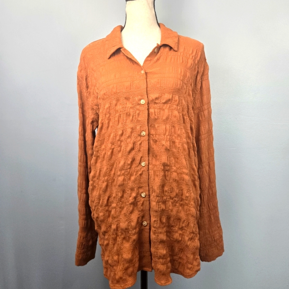 Mystree Textured Stripe Long Sleeve Button Down‎ Shirt Pumpkin-Brown Size Medium